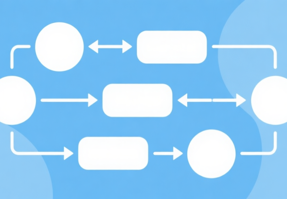 自动生成图片: Simple flowchart illustration with connected circles and arrows, light blue and white color scheme, clean minimal design, business presentation style high quality illustration, detailed, 16:9