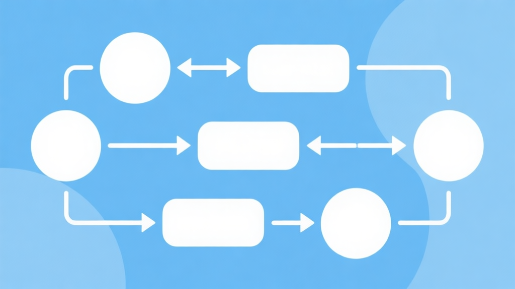 Simple flowchart illustration with connected circles and arrows, light blue and white color scheme, clean minimal design, business presentation style high quality illustration, detailed, 16:9