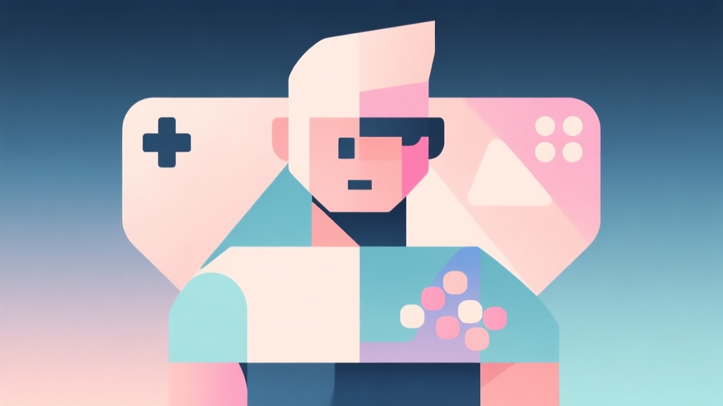 Abstract geometric composition with overlapping shapes representing a game character's persona, soft pastel colors, modern minimal style, professional character analysis concept illustration high quality illustration, detailed, 16:9