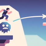 自动生成图片: Abstract geometric composition showing a character icon jumping from a platform onto a floating enemy icon, with a second trajectory arrow reaching a distant platform, soft gaming colors, clean vector illustration, minimalist game mechanic concept high quality illustration, detailed, 16:9