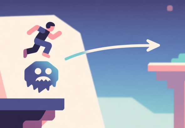 自动生成图片: Abstract geometric composition showing a character icon jumping from a platform onto a floating enemy icon, with a second trajectory arrow reaching a distant platform, soft gaming colors, clean vector illustration, minimalist game mechanic concept high quality illustration, detailed, 16:9
