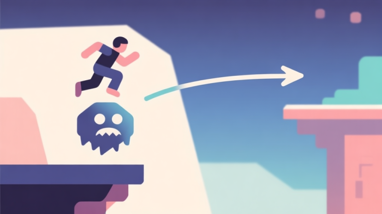 自动生成图片: Abstract geometric composition showing a character icon jumping from a platform onto a floating enemy icon, with a second trajectory arrow reaching a distant platform, soft gaming colors, clean vector illustration, minimalist game mechanic concept high quality illustration, detailed, 16:9