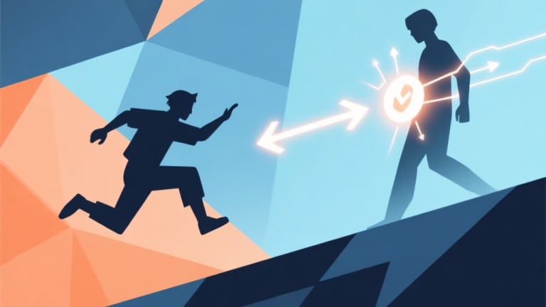 自动生成图片: Abstract geometric composition showing a character silhouette leaping towards another, with a transfer of energy or control symbolized by connected arrows and a glowing effect, soft blue and orange color scheme, dynamic gaming concept illustration, minimalist style high quality illustration, detailed, 16:9