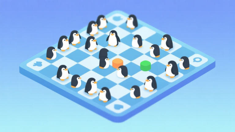 自动生成图片: A cluttered game board with many low-level penguin icons, some highlighted, against a soft blue gradient background, clean flat design, minimalist game UI concept high quality illustration, detailed, 16:9
