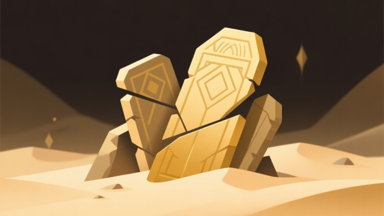 自动生成图片: Abstract geometric composition with overlapping shapes resembling ancient stone tablets, soft sand and gold color scheme, modern minimal style, mysterious game item concept illustration high quality illustration, detailed, 16:9