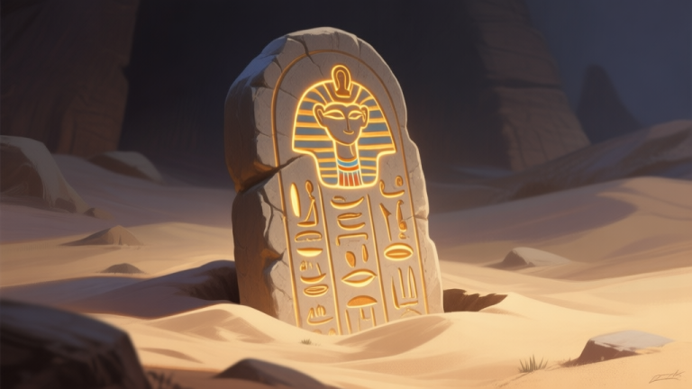 自动生成图片: A mysterious ancient stone tablet with glowing Egyptian hieroglyphs, partially buried in sand, soft ambient lighting, digital painting style, evoking a sense of discovery and hidden lore high quality illustration, detailed, 16:9