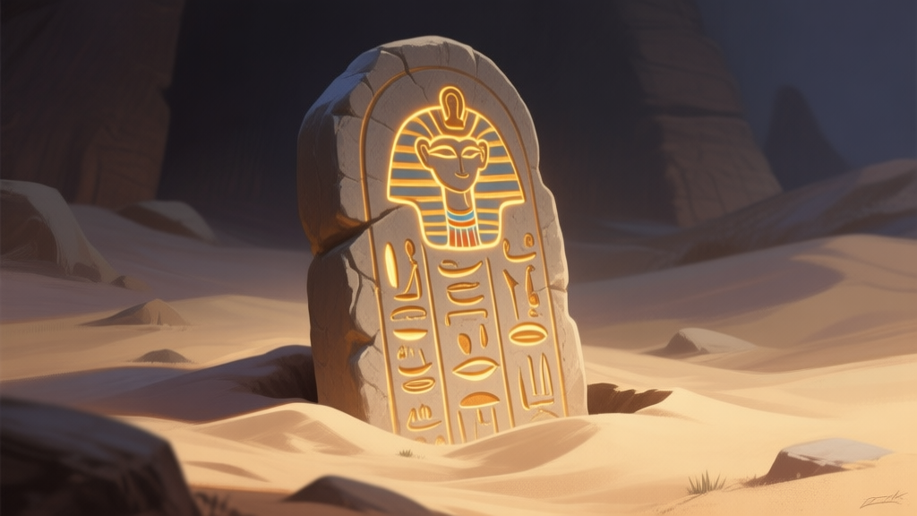A mysterious ancient stone tablet with glowing Egyptian hieroglyphs, partially buried in sand, soft ambient lighting, digital painting style, evoking a sense of discovery and hidden lore high quality illustration, detailed, 16:9