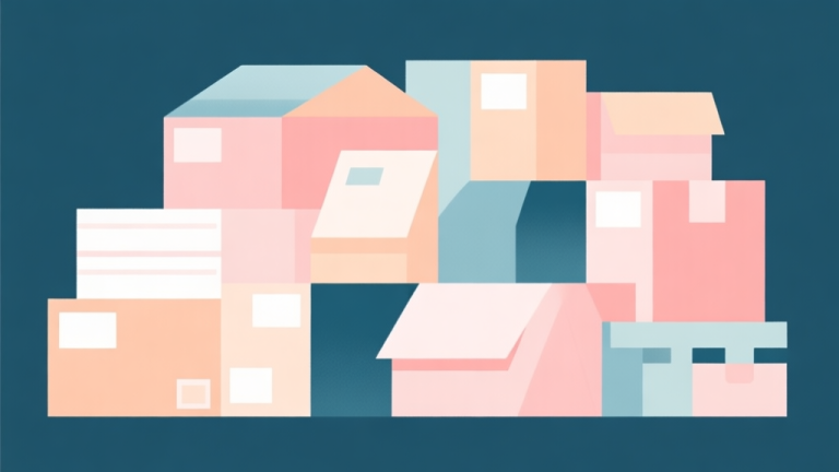 自动生成图片: Abstract geometric composition with overlapping shapes representing inventory items, soft pastel colors, modern minimal style, professional business concept illustration of organization high quality illustration, detailed, 16:9