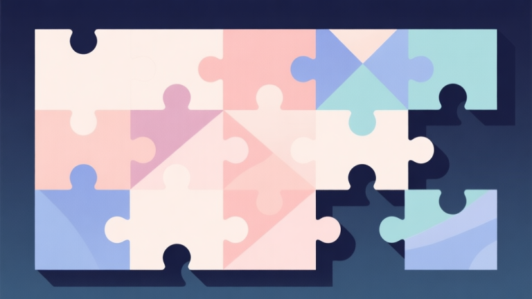 自动生成图片: Abstract geometric composition with overlapping shapes representing puzzle pieces, soft pastel colors, modern minimal style, professional game strategy concept illustration high quality illustration, detailed, 16:9