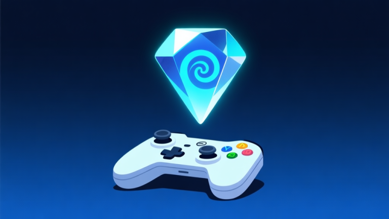 自动生成图片: A glowing, stylized gemstone with a spiral core, floating above a minimalist game controller on a dark blue gradient background, clean digital illustration style high quality illustration, detailed, 16:9