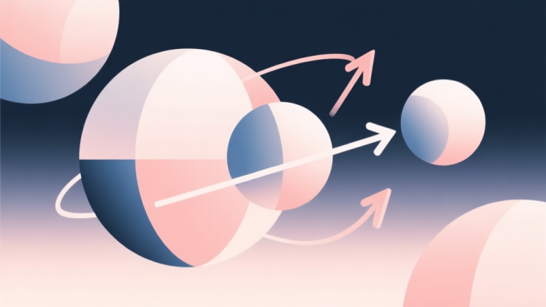 自动生成图片: Abstract geometric composition with overlapping spheres and arrows showing bounce trajectories, soft pastel colors, modern minimal style, professional physics concept illustration high quality illustration, detailed, 16:9