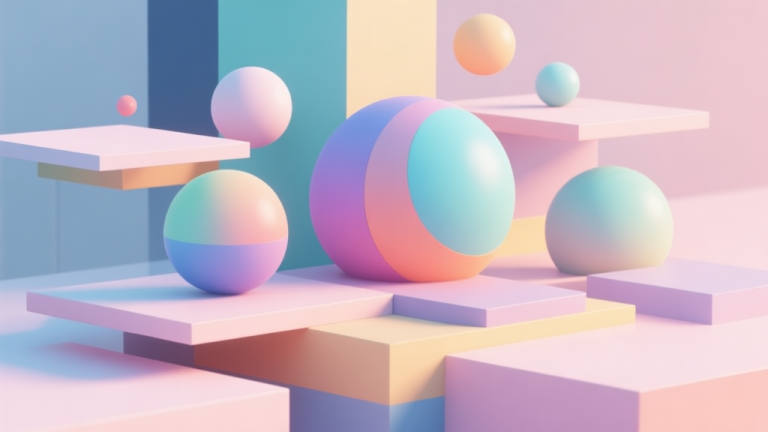 自动生成图片: Abstract geometric composition with overlapping colorful spheres and platforms, soft pastel colors, modern minimal style, professional game design concept illustration high quality illustration, detailed, 16:9