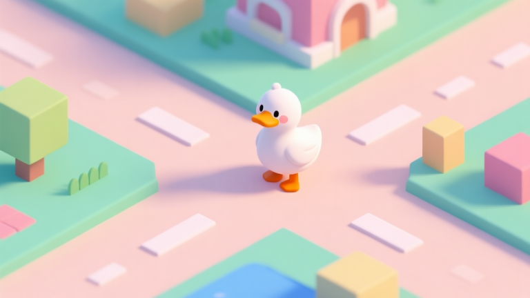 自动生成图片: A cute, minimalist isometric view of a colorful video game world with a duck character standing at a crossroads, soft pastel colors, clean lines, digital illustration style high quality illustration, detailed, 16:9