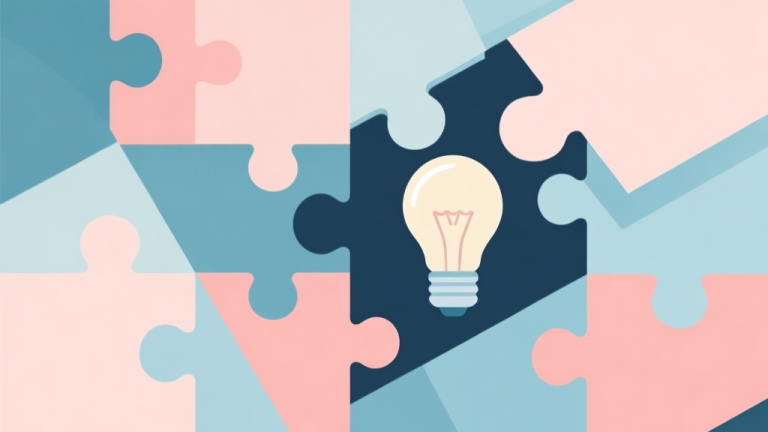 自动生成图片: Abstract geometric composition with overlapping shapes representing puzzle pieces and a lightbulb, soft pastel colors, modern minimal style, professional business concept illustration high quality illustration, detailed, 16:9
