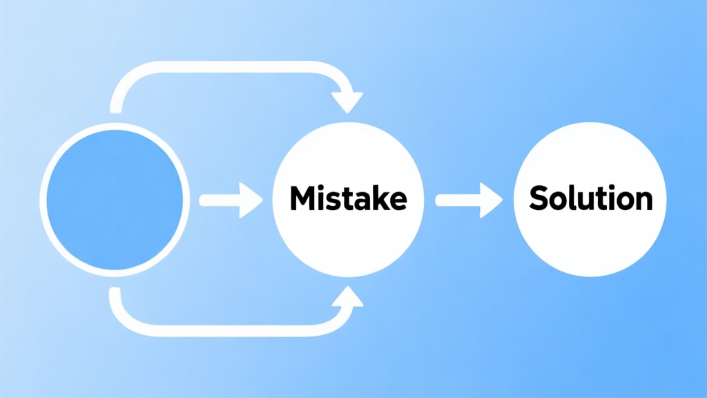 Simple flowchart illustration with connected circles and arrows labeled "Mistake" leading to "Solution", light blue and white color scheme, clean minimal design, business presentation style high quality illustration, detailed, 16:9
