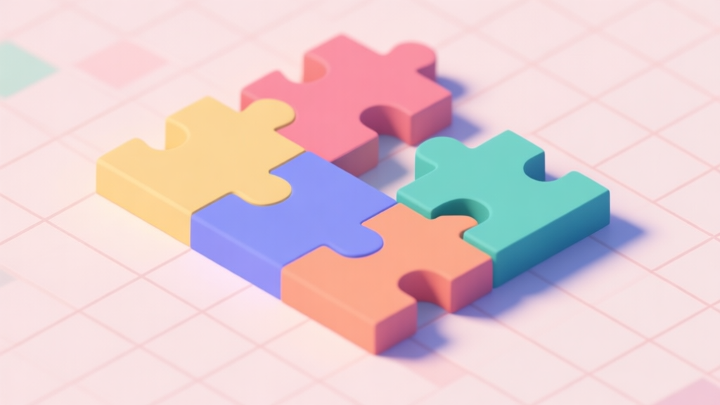 Abstract geometric composition of colorful puzzle blocks fitting together on a grid, soft pastel colors, clean minimal style, professional game concept illustration high quality illustration, detailed, 16:9