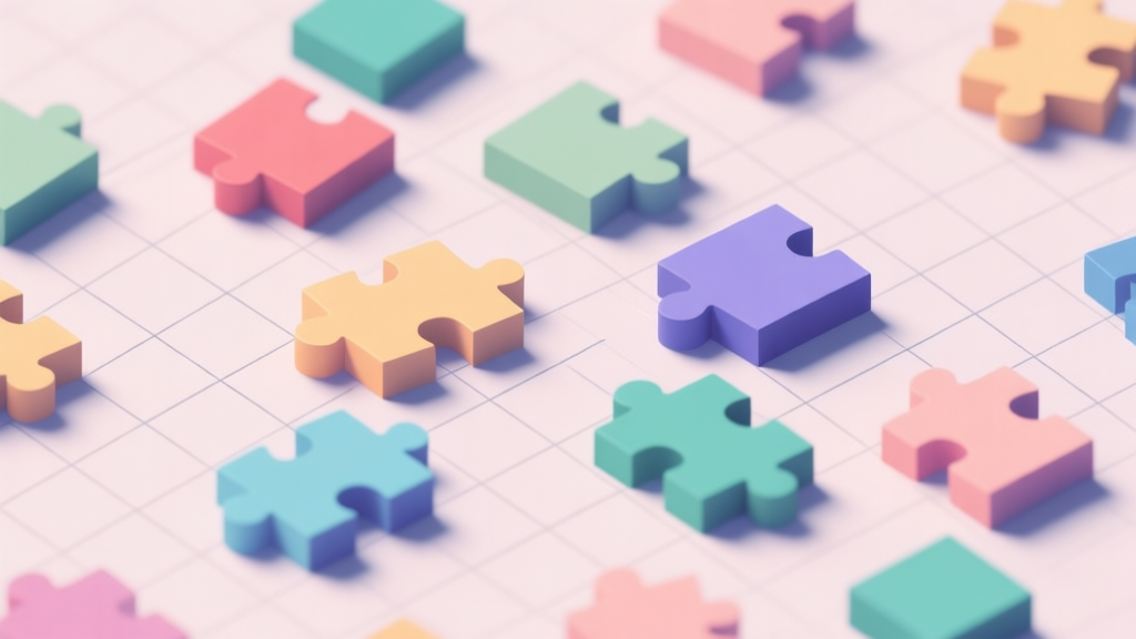 Abstract geometric composition of scattered colorful puzzle blocks on a grid, some blocks not fitting, soft pastel colors, modern minimal style, professional game analysis concept illustration high quality illustration, detailed, 16:9