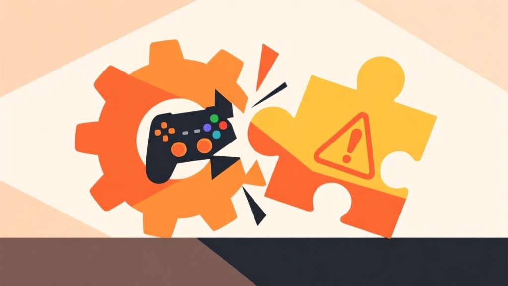 Abstract geometric composition showing a gear (game system) colliding with a puzzle piece (item), soft warning colors like orange and yellow, clean minimal design, concept of conflict or error high quality illustration, detailed, 16:9
