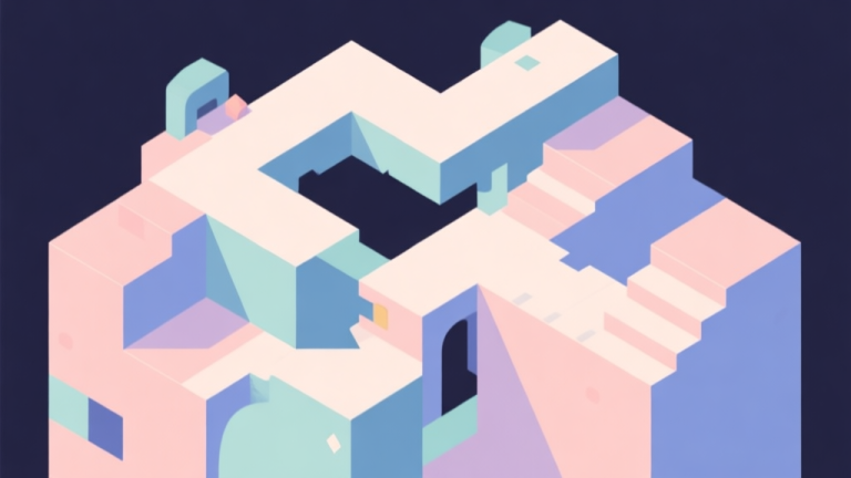 自动生成图片: Abstract geometric composition with overlapping shapes representing game levels, soft pastel colors, modern minimal style, professional game design concept illustration high quality illustration, detailed, 16:9