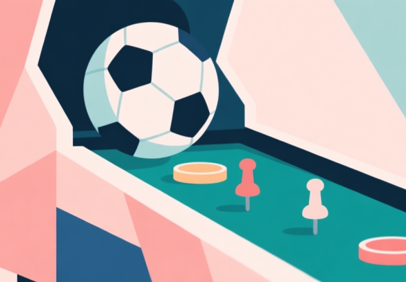 自动生成图片: Abstract geometric composition with overlapping shapes representing a soccer ball and pinball bumpers, soft pastel colors, modern minimal style, hybrid game concept illustration high quality illustration, detailed, 16:9