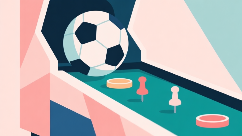 Abstract geometric composition with overlapping shapes representing a soccer ball and pinball bumpers, soft pastel colors, modern minimal style, hybrid game concept illustration high quality illustration, detailed, 16:9