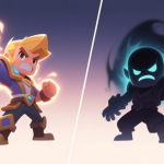 自动生成图片: Two contrasting game avatars, one looking victorious with glowing effects, the other looking defeated with a dark aura, split by a minimalist line, soft gradient background, digital art style, clean composition high quality illustration, detailed, 16:9