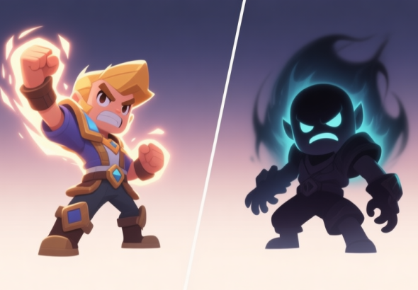 自动生成图片: Two contrasting game avatars, one looking victorious with glowing effects, the other looking defeated with a dark aura, split by a minimalist line, soft gradient background, digital art style, clean composition high quality illustration, detailed, 16:9