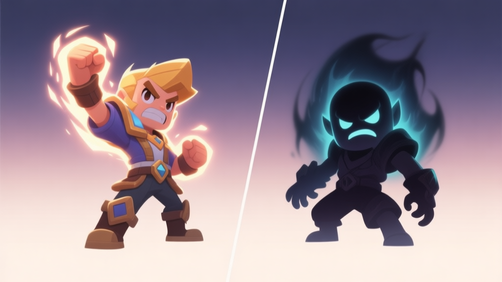 Two contrasting game avatars, one looking victorious with glowing effects, the other looking defeated with a dark aura, split by a minimalist line, soft gradient background, digital art style, clean composition high quality illustration, detailed, 16:9