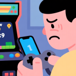 自动生成图片: A frustrated gamer looking at a mobile screen showing a low score in a colorful arcade-style game, simple flat design, soft colors, clean illustration high quality illustration, detailed, 16:9