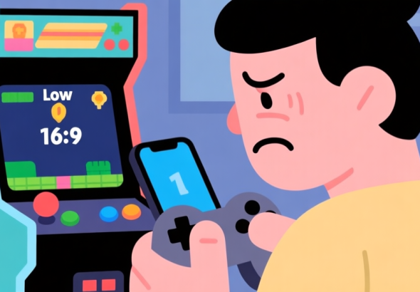 自动生成图片: A frustrated gamer looking at a mobile screen showing a low score in a colorful arcade-style game, simple flat design, soft colors, clean illustration high quality illustration, detailed, 16:9