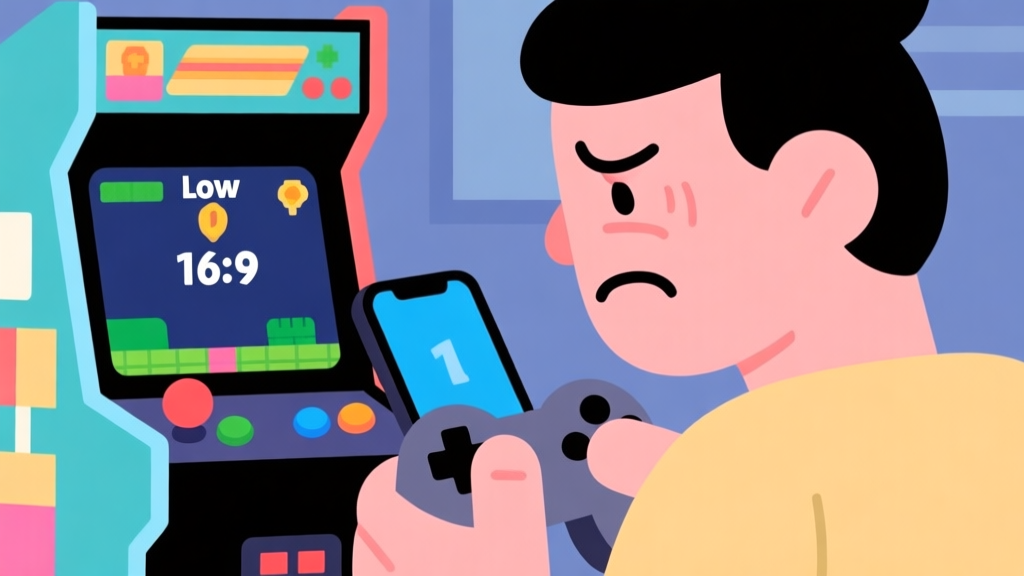 A frustrated gamer looking at a mobile screen showing a low score in a colorful arcade-style game, simple flat design, soft colors, clean illustration high quality illustration, detailed, 16:9