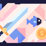 自动生成图片: Abstract geometric composition with overlapping shapes representing game elements like swords, fish, and coins, soft pastel colors, modern minimal style, professional gaming concept illustration high quality illustration, detailed, 16:9