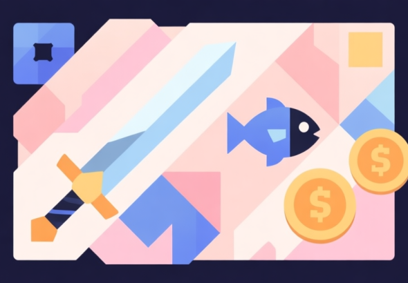 自动生成图片: Abstract geometric composition with overlapping shapes representing game elements like swords, fish, and coins, soft pastel colors, modern minimal style, professional gaming concept illustration high quality illustration, detailed, 16:9