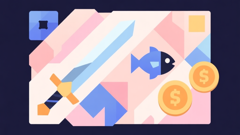 Abstract geometric composition with overlapping shapes representing game elements like swords, fish, and coins, soft pastel colors, modern minimal style, professional gaming concept illustration high quality illustration, detailed, 16:9