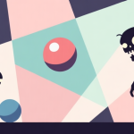 自动生成图片: Abstract geometric composition with overlapping shapes representing game elements like balls and simple zombie silhouettes, soft pastel colors, modern minimal style, professional game concept illustration high quality illustration, detailed, 16:9