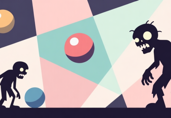 自动生成图片: Abstract geometric composition with overlapping shapes representing game elements like balls and simple zombie silhouettes, soft pastel colors, modern minimal style, professional game concept illustration high quality illustration, detailed, 16:9