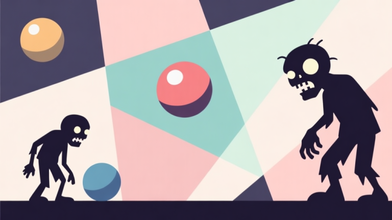 自动生成图片: Abstract geometric composition with overlapping shapes representing game elements like balls and simple zombie silhouettes, soft pastel colors, modern minimal style, professional game concept illustration high quality illustration, detailed, 16:9