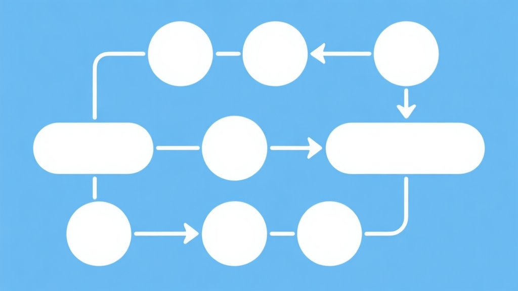 Simple flowchart illustration with connected circles and arrows, light blue and white color scheme, clean minimal design, business presentation style high quality illustration, detailed, 16:9