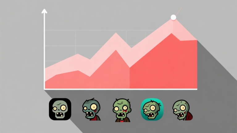 自动生成图片: Abstract geometric composition showing a plateaued graph line with zombie game icons below, soft red and grey color scheme, modern minimal style, professional data analysis concept illustration high quality illustration, detailed, 16:9