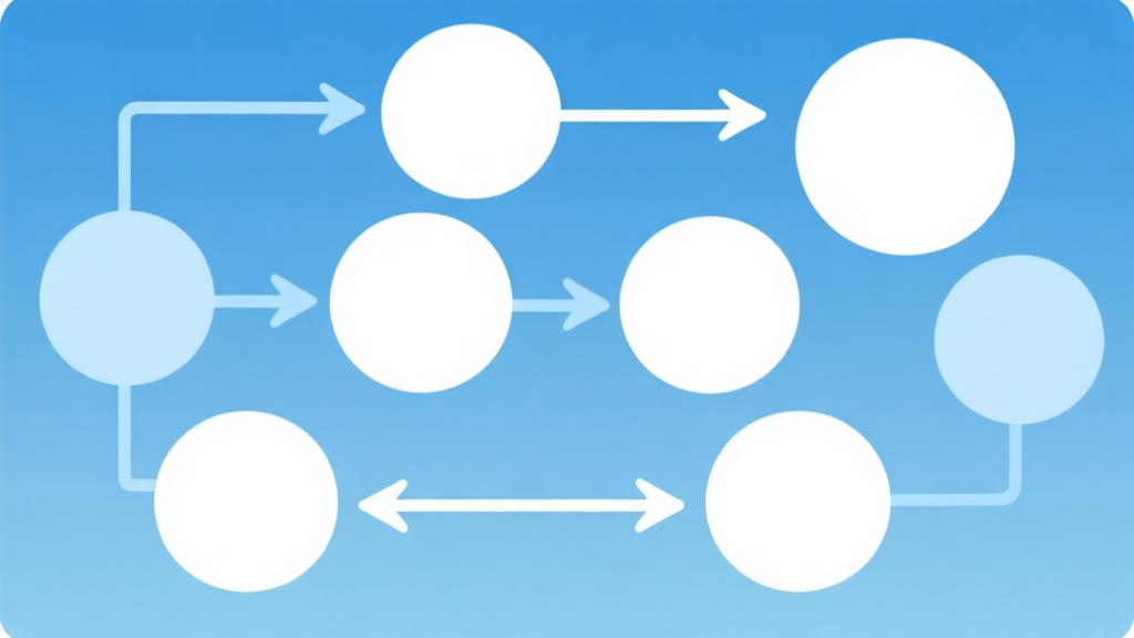 Simple flowchart illustration with connected circles and arrows, light blue and white color scheme, clean minimal design, business presentation style high quality illustration, detailed, 16:9
