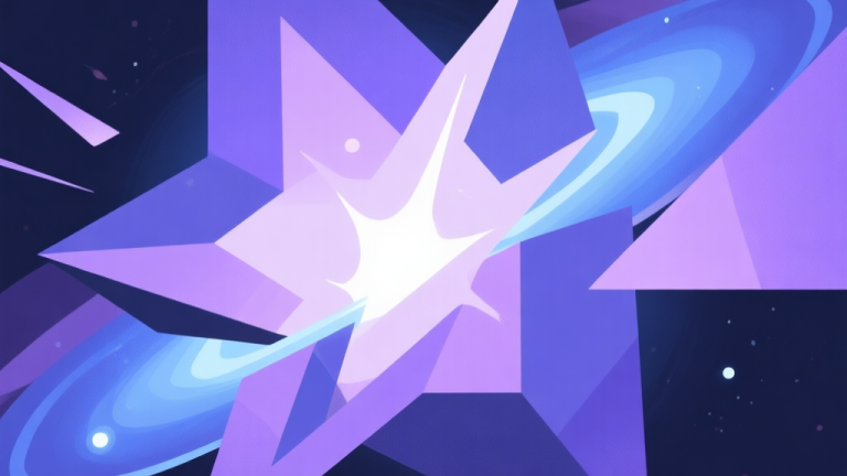 自动生成图片: Abstract geometric composition with overlapping shapes representing cosmic energy and impact, soft purple and blue cosmic colors, modern minimal style, professional gaming concept illustration high quality illustration, detailed, 16:9
