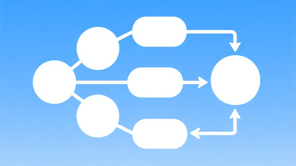 Simple flowchart illustration with connected circles and arrows, light blue and white color scheme, clean minimal design, business presentation style high quality illustration, detailed, 16:9