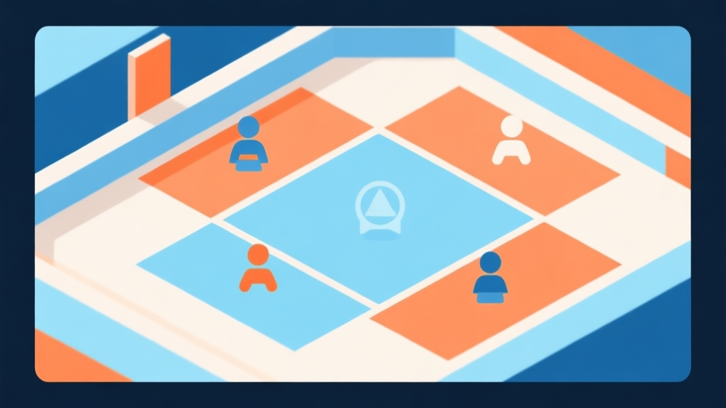 Abstract geometric composition representing a game arena with distinct zones and player icons, soft blue and orange color scheme, clean minimal design, professional gaming concept illustration high quality illustration, detailed, 16:9