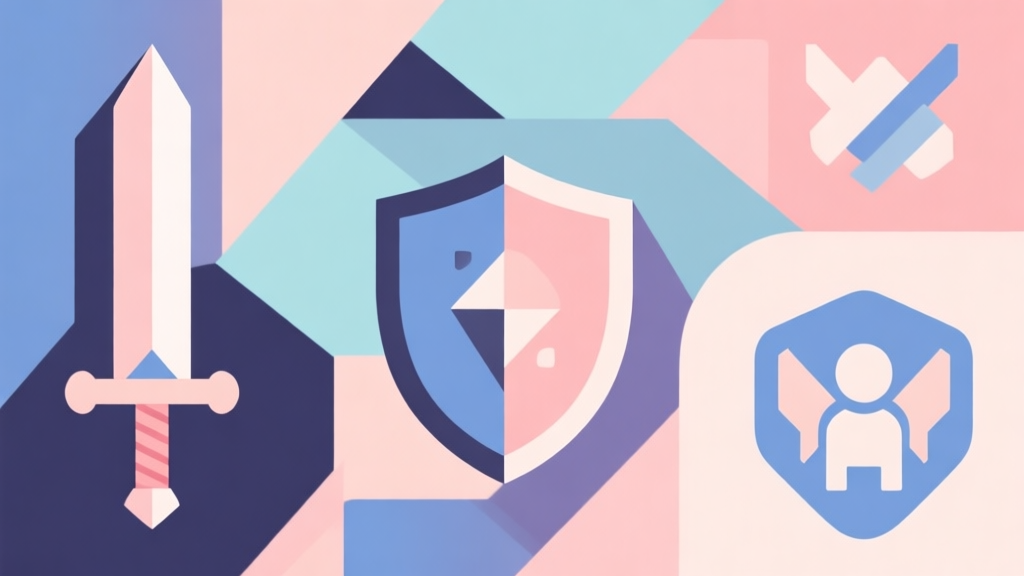 Abstract geometric composition with overlapping shapes representing game elements like swords, shields, and character icons, soft pastel colors, modern minimal style, professional gaming concept illustration high quality illustration, detailed, 16:9