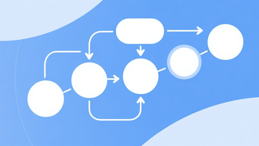 Simple flowchart illustration with connected circles and arrows, light blue and white color scheme, clean minimal design, business presentation style high quality illustration, detailed, 16:9
