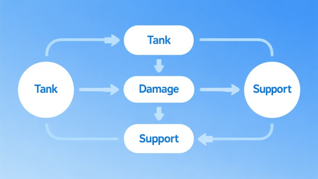 Simple flowchart illustration with connected circles and arrows labeled Tank, Damage, Support, light blue and white color scheme, clean minimal design, business presentation style high quality illustration, detailed, 16:9