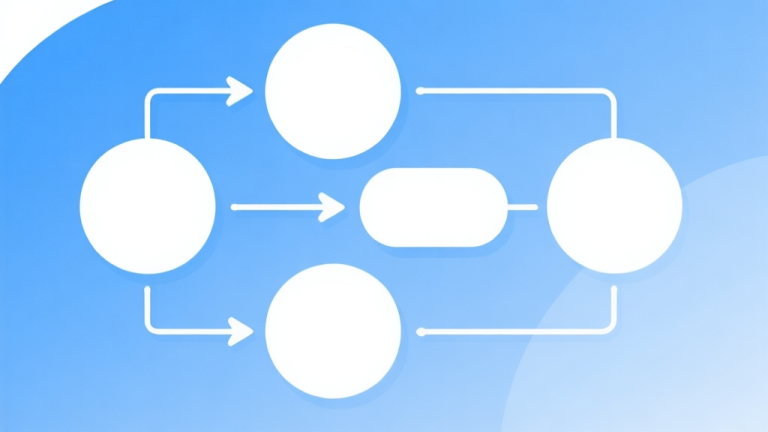 自动生成图片: Simple flowchart illustration with connected circles and arrows, light blue and white color scheme, clean minimal design, business presentation style high quality illustration, detailed, 16:9