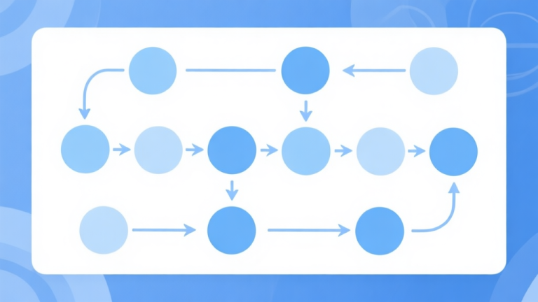 自动生成图片: Simple flowchart illustration with connected circles and arrows, light blue and white color scheme, clean minimal design, business presentation style high quality illustration, detailed, 16:9