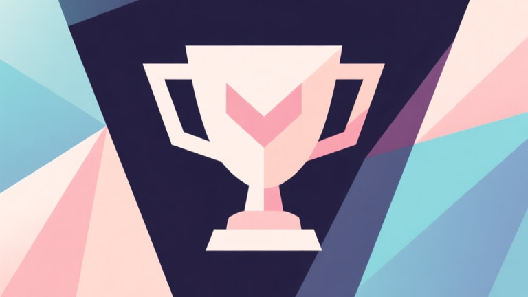 自动生成图片: Abstract geometric composition with overlapping shapes forming a trophy or checkmark, soft pastel colors, modern minimal style, professional gaming achievement concept illustration high quality illustration, detailed, 16:9