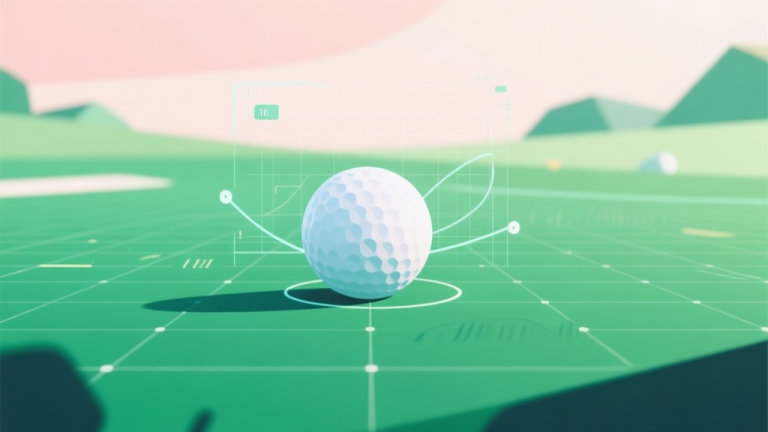 自动生成图片: Abstract geometric composition showing a golf ball on a green field with digital grid lines and physics vectors, soft pastel colors, modern minimal style, professional gaming concept illustration high quality illustration, detailed, 16:9